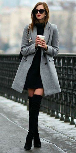 Attire with overcoat, coat: winter outfits,  Boot Outfits,  Street Style,  Knee High Boot,  Wool Coat  