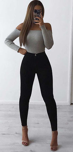 Black high waisted jeans outfit | Black denim with Grey off shoulder top: Denim Outfits,  Slim-Fit Pants,  Casual Outfits,  White And Black Outfit  