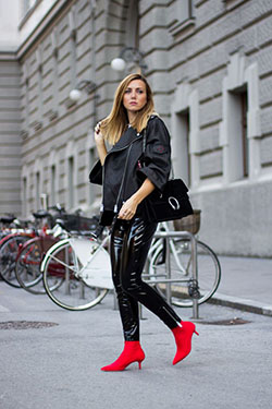 Black pants red boots outfit: Boot socks,  Street Style,  Black And Red Outfit,  Leather Pant Outfits  