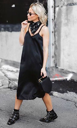 Street style silk slip dress black: Black Outfit,  fashion model,  Slip dress,  Street Style,  Little Black Dress  