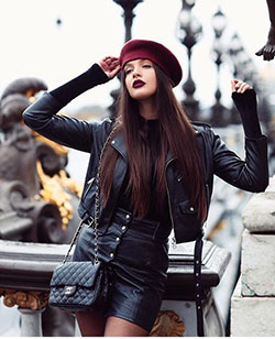 Colour combination with fashion accessory, leather jacket, leather: Leather jacket,  Teen outfits,  Fashion accessory,  Street Style,  Red beret,  Black Leather Jacket  