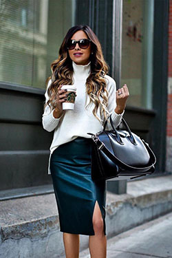 Kalem etek ve kazak kombinleri: Pencil skirt,  Leather skirt,  Street Style  