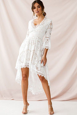 White lace dresses with sleeves: Cocktail Dresses,  Wedding dress,  party outfits,  Bridesmaid dress,  fashion model,  Bell sleeve,  White Outfit,  Bridal Accessory,  Bridal Party Dress,  Sleeves Short  