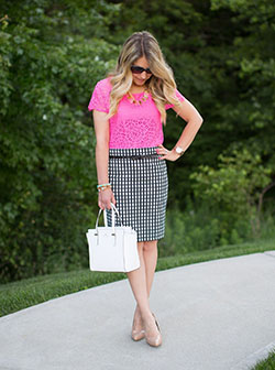 White and pink colour combination with pencil skirt, polka dot, tartan: Pencil skirt,  Street Style,  Skirt Outfits,  White And Pink Outfit,  Skirt Outfit Ideas  