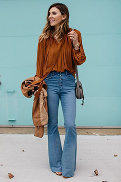 High waisted flare jeans outfit ideas: High-Heeled Shoe,  Casual Outfits,  Brown Outfit,  V Nack Blouse,  Loose jeans  