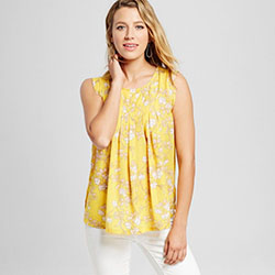 Yellow colour combination with sleeveless shirt, blouse, skirt: Sleeveless shirt,  fashion model,  Fashion week,  yellow outfit,  Floral Top Outfits,  yellow top  