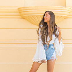 Yellow and white denim, Hairstyles For Long Hair, costumes designs: Coachella Outfits,  Yellow And White Outfit  