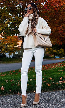 White attire with jean jacket, sweater, jacket: Polo neck,  T-Shirt Outfit,  Street Style,  Turtleneck Sweater Outfits  