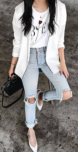 White trendy clothing ideas with blazer, denim, jeans: Casual Outfits,  T-Shirt Outfit,  Plimsoll shoe,  Street Style,  High Heeled Shoe  