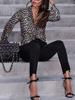 Black leopard print blouse: Animal print,  Legging Outfits  
