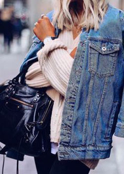 Clothing ideas with jean jacket, jacket, jeans: Denim Outfits,  Jean jacket,  Polo neck,  Street Style  