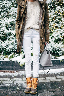 White outfit ideas with leather, jacket, denim: winter outfits,  White Outfit,  Snow boot,  Street Style,  Jacket Outfits  