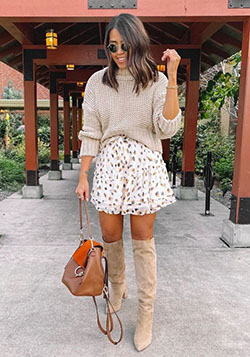Orange and brown colour outfit ideas 2020 with dress sweater, skirt: Polo neck,  Street Style,  Knee High Boot  