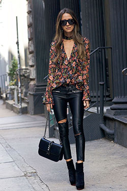 Floral top and leather pants: Christian Louboutin,  Street Style,  Brown Outfit,  Floral Top Outfits  
