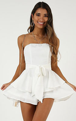 White attire with strapless dress, cocktail dress, party dress: party outfits,  summer outfits,  Cocktail Dresses,  Romper suit,  Strapless dress,  Hello Molly,  fashion model,  White Outfit  