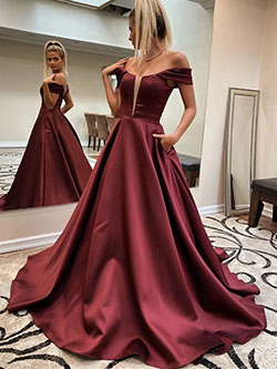 Wine red prom dress off the shoulder: Evening gown,  Spaghetti strap,  Ball gown,  fashion model,  Prom Dresses,  Haute couture,  Formal wear,  Bridal Party Dress,  Red Outfit,  Off Shoulder  
