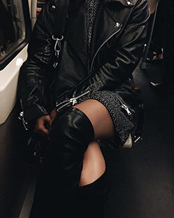 Black colour combination with fashion accessory, leather jacket, leather: Black Outfit,  Fashion accessory,  Chap boot  