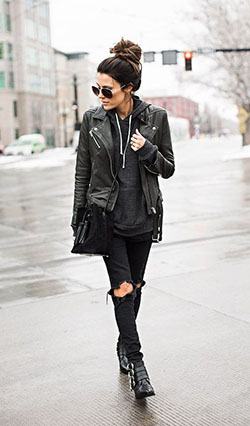 Black rock n roll outfit: Black Outfit,  Leather jacket,  T-Shirt Outfit,  Punk rock,  Street Style  