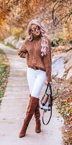 Brown outfit ideas with leggings, sweater, shirt: winter outfits,  Street Style,  Knee High Boot,  Classy Winter Dresses  