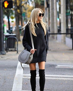 Black colour outfit with miniskirt: Black Outfit,  Boot Outfits,  Street Style  