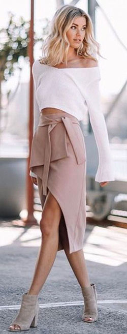 White and pink style outfit with pencil skirt, crop top, jacket: Crop top,  Wrap Skirt,  Pencil skirt,  fashion model,  Street Style,  Boho Chic  