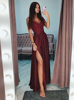 Burgundy long prom dresses, spaghetti strap, backless dress, fashion model, evening gown, formal wear, long hair, a line: Backless dress,  Evening gown,  Spaghetti strap,  fashion model,  Long hair,  Prom Dresses,  Maroon And Brown Outfit  