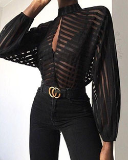 Striped keyhole front mesh blouse: Black Outfit,  T-Shirt Outfit  