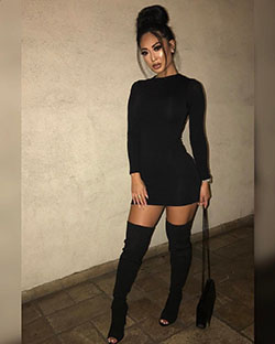 Black instagram fashion with miniskirt, stocking, skirt: Black Outfit,  Boot Outfits  
