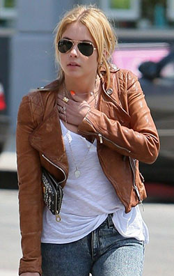 Ashley benson brown jacket: jacket,  Leather jacket,  Flight jacket,  Ashley Benson,  coat,  V Nack Blouse  