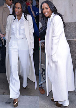 White colour combination with formal wear, uniform: Fashion photography,  Television presenter,  African Americans,  White Outfit,  Kelly Rowland,  Formal wear,  Street Style  