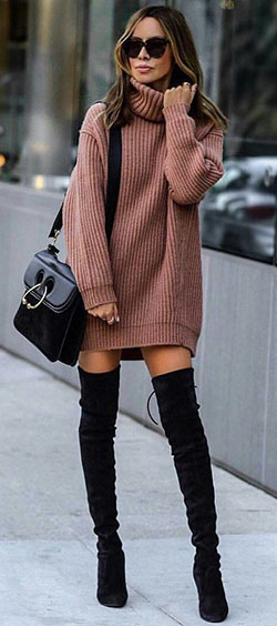 Sweater dress with knee high boots: Hot Girls,  Knee highs,  Boot Outfits,  Street Style,  High Heeled Shoe,  Knee High Boot  