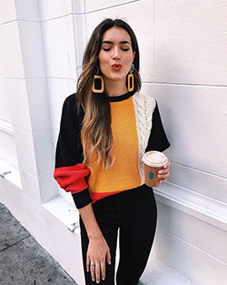 Color block sweater outfit, street fashion, casual wear: Jeans Outfit,  Street Style,  Yellow And Orange Outfit  