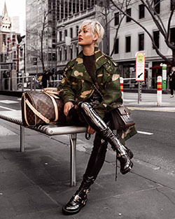 Outfit ideas leather pants bus, military camouflage, military uniform, leather jacket, patent leather, street fashion: Military camouflage,  Military uniform,  Street Style,  Leather Pant Outfits  