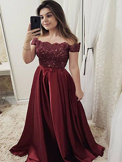 Off the shoulder maroon prom dress: Cocktail Dresses,  Evening gown,  Bridesmaid dress,  fashion model,  Prom Dresses,  Formal wear,  Bridal Party Dress,  Maroon Outfit,  Off Shoulder  