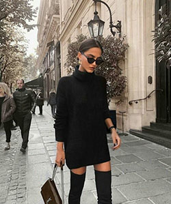 Women_with_style instagram knee high boot, street fashion: Black Outfit,  Polo neck,  T-Shirt Outfit,  Street Style,  Knee High Boot  