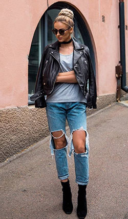 Blue outfit ideas with leather jacket, trousers, crop top: Casual Outfits,  Crop top,  winter outfits,  Leather jacket,  Street Style,  Black Leather Jacket  
