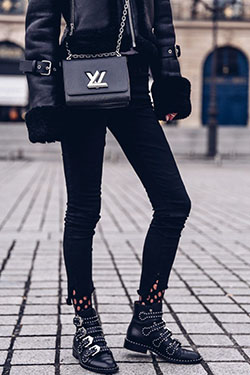 Givenchy studded boots outfit black and white, fashion accessory: Black Outfit,  Boot Outfits,  Fashion accessory,  Street Style,  Black And White  