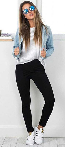 Teenage Outfits With Stripped T-Shirt, Denim Jacket, Black Jeans & White Sneakers: Denim Outfits,  Black Jeans,  Black Leggings,  Black Denim,  Fashion accessory,  Casual Outfits,  Black Tights,  fashioninsta  