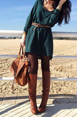 Green dress black tights brown boots: Fashion accessory,  Street Style,  Turquoise And Brown Outfit,  Brown Boots Outfits,  Green Dress  
