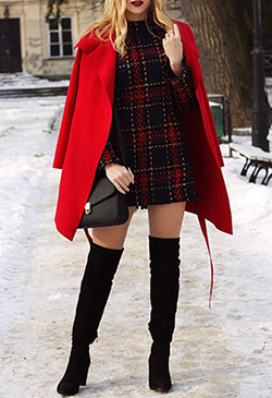 Red dresses ideas with overcoat, tartan: winter outfits,  Boot Outfits,  Street Style,  Red Outfit  