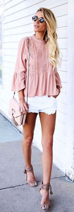 White and pink colour outfit, you must try with blouse, shorts sunglasses: Street Style,  Casual Outfits  