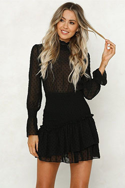 Long sleeve chiffon mini dress: fashion model,  Black Outfit,  Cocktail Dresses,  Little Black Dress,  Chiffon dresses  