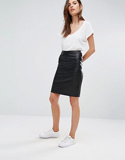 Vila faux leather pencil skirt: Pencil skirt,  fashion model,  Leather Skirt Outfit,  Black And White Outfit  