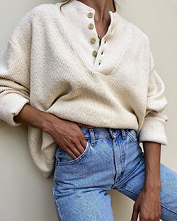 Beige and white colour ideas with sweater, denim: winter outfits,  Jeans Outfit,  Street Style,  Beige And White Outfit  