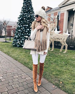 Brown outfit style with beanie, fur: Boot Outfits,  Street Style,  Knee High Boot,  Brown Outfit,  BEANIE  