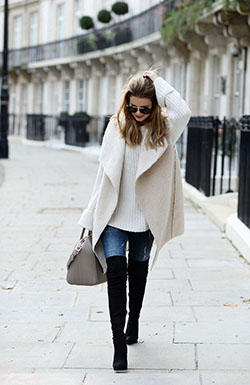 Wear over the knee boots: Polo neck,  White Outfit,  Boot Outfits,  Street Style,  Knee High Boot,  Chap boot  