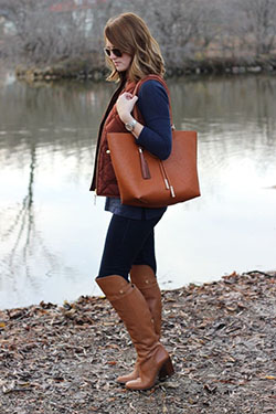 Brown and tan style outfit with leather, jeans: Boot Outfits,  Street Style,  Brown And Tan Outfit,  High Heeled Shoe,  Brown Boots Outfits  