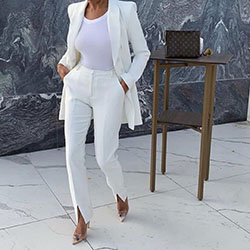 White colour combination with formal wear, trousers, pantsuit: White Outfit,  tailored suit,  Formal wear  