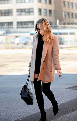 Cute outfits with coat thigh high boots, street fashion: Polo coat,  Street Style,  Classy Fashion,  Chap boot,  Wool Coat,  Burberry Trench,  Brown Coat,  swing coat,  High Boots  