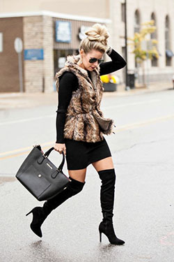 Dresses ideas fur vest outfit slim fit pants, knee high boot: Fake fur,  Boot Outfits,  Street Style,  Knee High Boot  